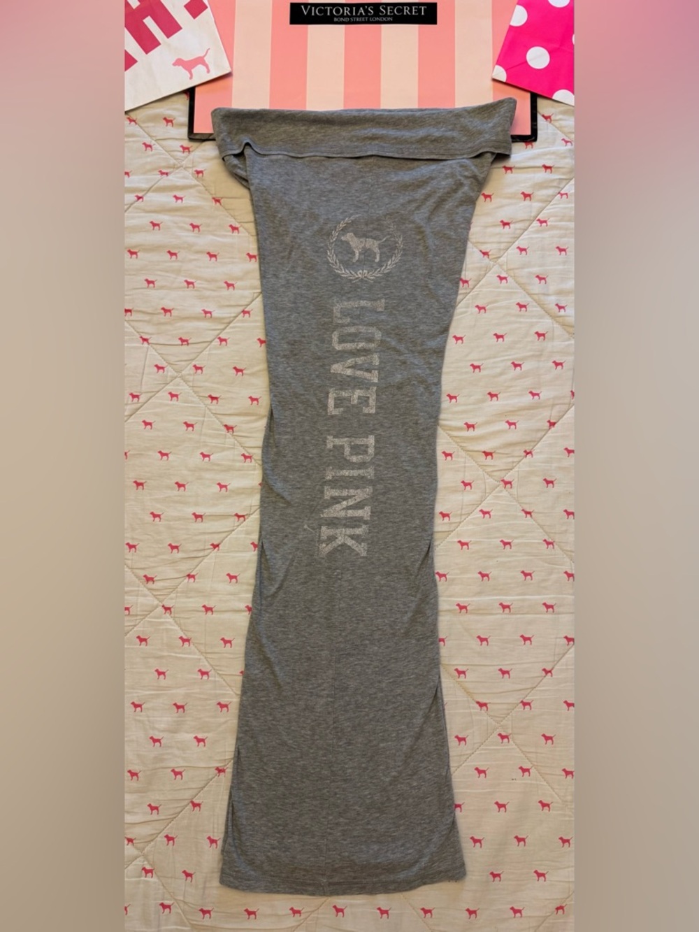 VS PINK VINTAGE Y2K FOLDOVER FLARE SWEATPANTS GRAY LOVE DOG PUP LOGO RARE HTF M